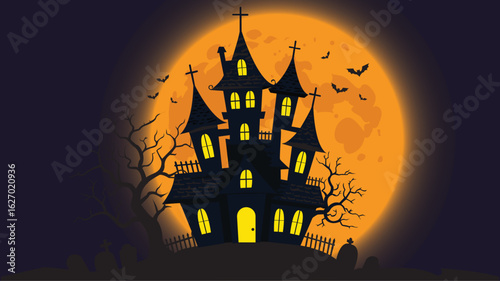 Spooky Haunted House Silhouette with Full Moon and Bats Halloween Illustration