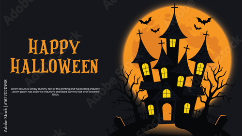 Happy Halloween Haunted House with Full Moon and Bats Illustration Banner