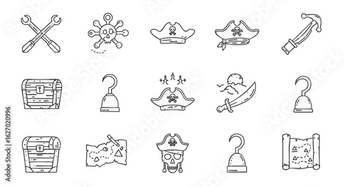 Vector line art icons for pirate adventures, featuring classic hats, treasure chests, hooks, swords, maps, and essential tools, ideal for game design and creative projects