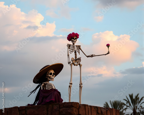  image inspired by Día de los Muertos (Day of the Dead) featuring two elegant skeleton figures dressed as Catrinas — one male and one female. AI