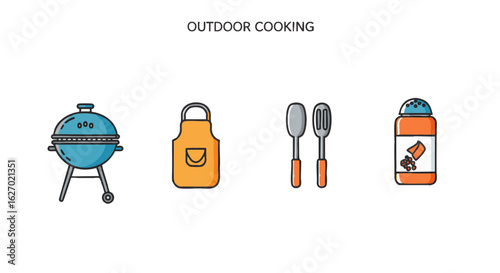A set of colorful line icons representing outdoor cooking elements like a barbecue grill, apron, utensils, and seasoning shaker