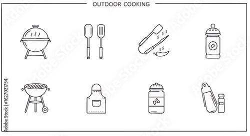 Outdoor Cooking Essentials A Collection of Line Art Icons for Grilling and Barbecuing