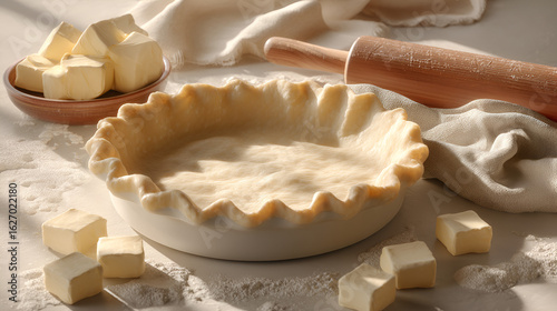 Baking Prep: Pie crust in a dish with butter cubes, a rolling pin, and flour on a clean surface.