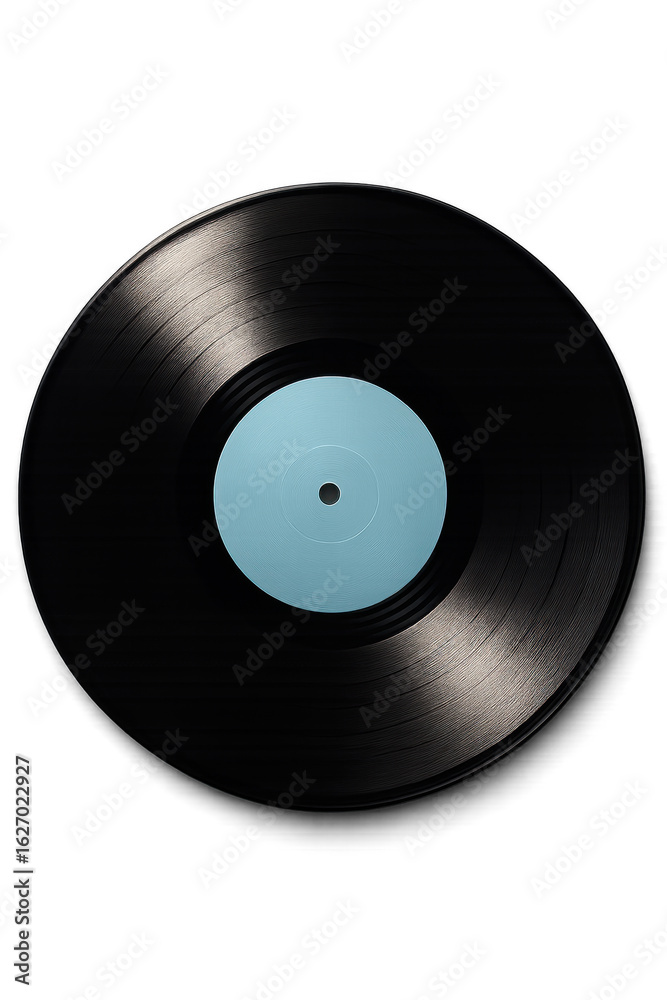 Obraz premium Black vinyl record with light blue label on transparent background