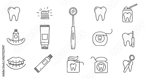 Set of minimalist line icons representing dentistry, oral hygiene, and professional dental care tools and products