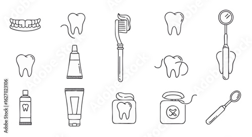 A collection of line art icons representing dental care, oral hygiene, and various dentist tools for health concepts