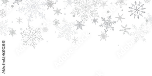 Christmas illustration featuring intricate falling snowflakes of varying sizes and designs arranged on top, gray on white background.