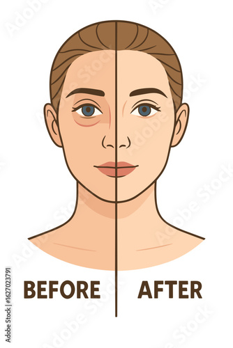 Before and after face illustration of woman with visible skin improvement, flat style, warm tones, representing beauty transformation and skincare results with words + concept