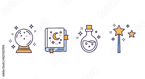 Colorful line art icon collection of magical elements. Includes a fortune teller's crystal ball, a wizard's spell book, a potion flask, and a fairy's magic wand