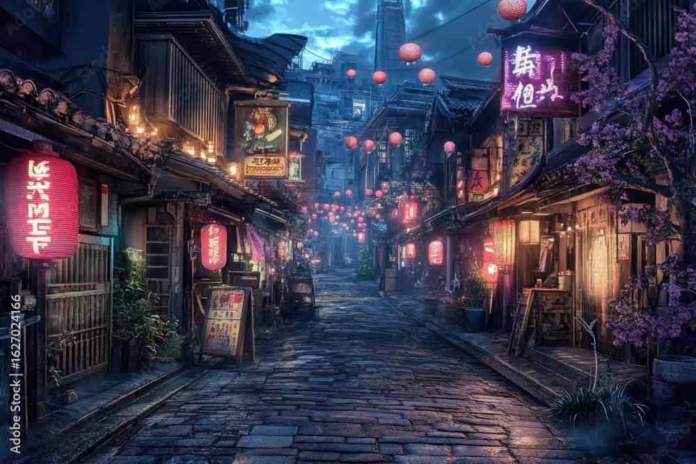 Fototapeta premium Night-time Asian alleyway, shops, lanterns