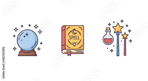 A vibrant collection of magical tools, featuring a glowing crystal ball, an ancient spellbook, and enchanting wands with a mystical potion, ideal for fantasy and mystical themes
