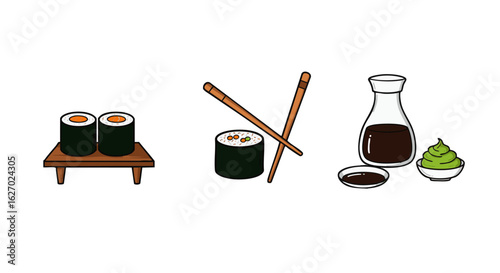 A simple and clean icon set of Japanese cuisine elements, featuring maki sushi rolls, chopsticks, and condiments