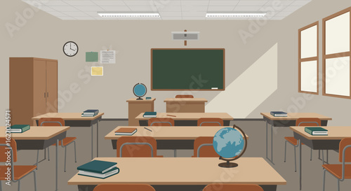 Empty classroom with wooden desks, globes, and green chalkboard. Vector illustration