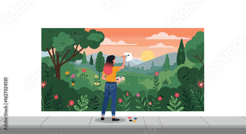 Female artist painting nature mural in park at sunset with vibrant colors. Vector illustration
