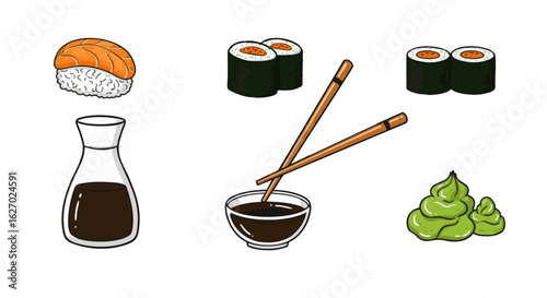 A collection of Japanese sushi food icons, including salmon nigiri, maki rolls, soy sauce, wasabi, and chopsticks in a vector illustration