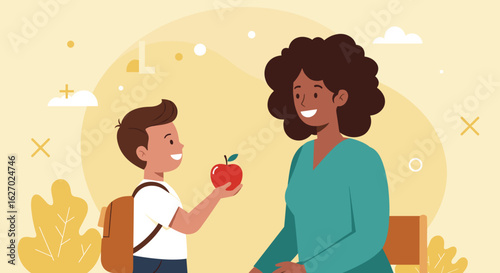 Young hispanic boy gives red apple to african female teacher in classroom setting. Vector illustration