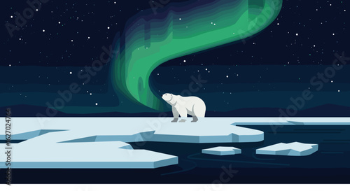 Polar bear under northern lights on arctic iceberg at night. Vector illustration