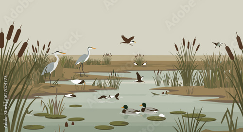 Serene wetland scene with ducks, herons, and birds in a natural habitat. Vector illustration