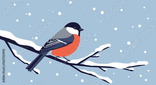 Vibrant bullfinch perched on snow-laden branch during wintertime. Vector illustration