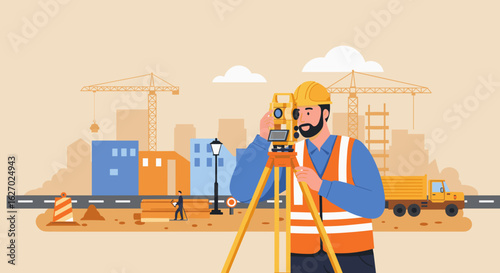 Male surveyor using theodolite at construction site with city background. Vector illustration