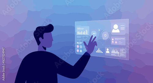 Silhouette of male interacting with futuristic virtual interface display. Vector illustration
