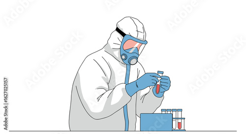 Scientist in protective gear analyzing blood samples in a laboratory setting. Vector illustration