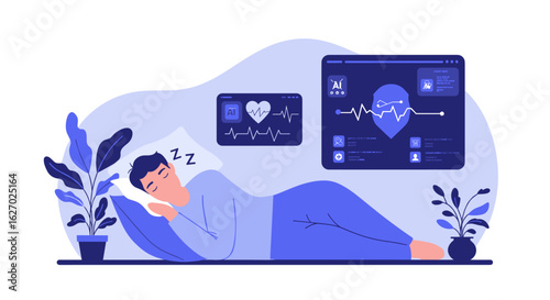 Young male sleeping monitoring heartbeat with technology. Vector illustration