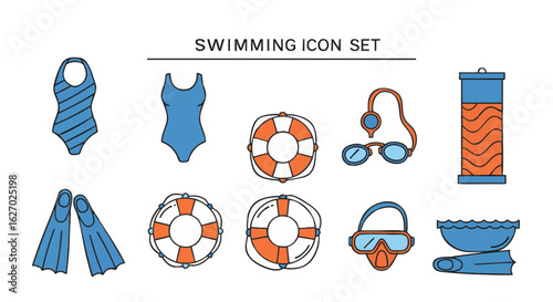 Set of swimming icons, including swimwear, lifebuoy, mask, fins, and pool accessories for aquatic sports