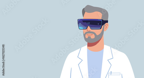 Caucasian male scientist wearing augmented reality glasses illustration. Vector illustration
