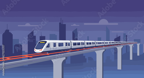 Modern train on elevated tracks with cityscape at dusk. Vector illustration