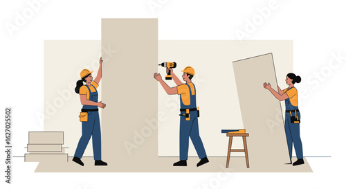 Diverse construction team with tools installing drywall panels together. Vector illustration