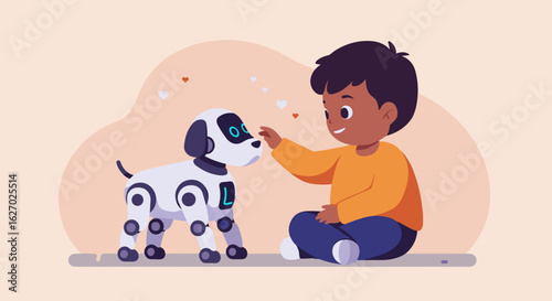 Young hispanic male child interacting with cute robot dog companion indoors. Vector illustration