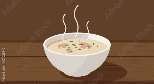 Steaming bowl of mushroom soup on wooden table with herbs and creamy texture. Vector illustration