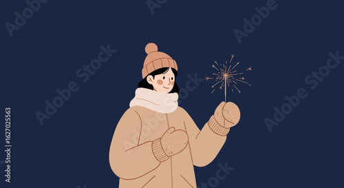 Young asian female celebrating with sparkler in winter attire on dark background. Vector illustration