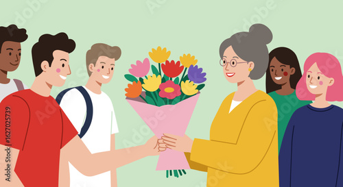 Diverse group of young adults presents flowers to mature caucasian woman. Vector illustration