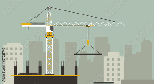 Construction site with crane lifting steel beam in urban skyline silhouette. Vector illustration