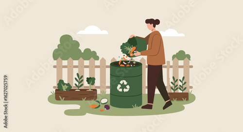 Caucasian female adult composting vegetables in garden with recycling bin. Vector illustration