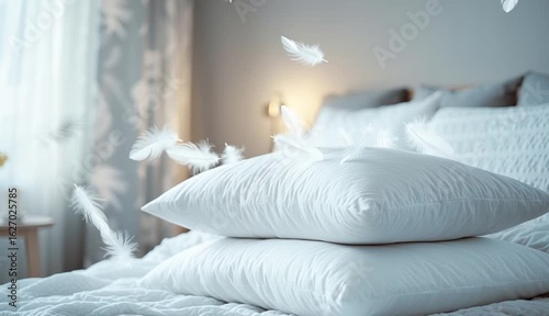 Stack of white pillows with feathers gently flying around in a bright, cozy bedroom. Promotional image for soft, comfortable pillows