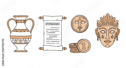 Collection of ancient history and archaeology icons. Vector line art set with a vase, manuscript scroll, antique coins, and a cultural mask