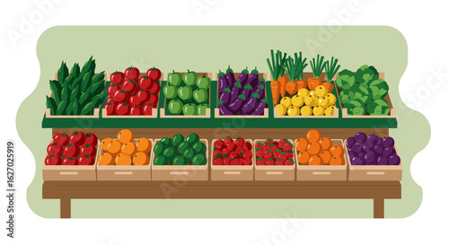 Fresh produce display with colorful vegetables and fruits on wooden market stand. Vector illustration