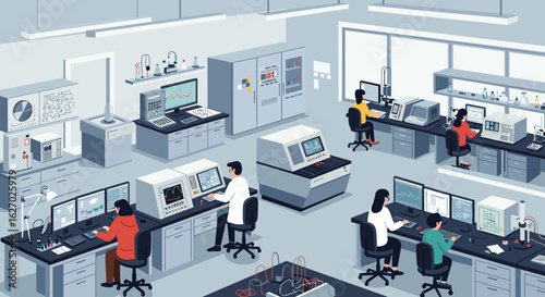 Caucasian scientists working in modern laboratory: adults handling advanced technology and equipment. Vector illustration