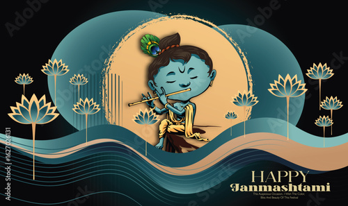 Celebrating happy Janmashtami festival of India with llustration of Lord Krishna playing bansuri (flute)  with text in Hindi meaning 'Krishan Janmashtami'- vector background