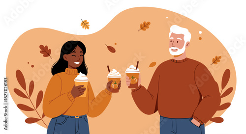 Smiling female adult and mature male enjoying autumn beverages and friendship outdoors. Vector illustration