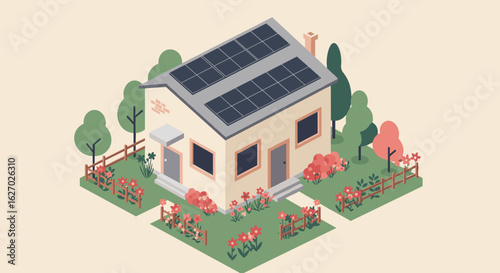 Eco-friendly house with solar panels and garden in springtime setting. Vector illustration