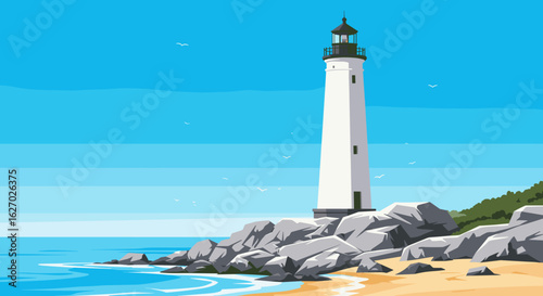 Coastal lighthouse overlooking rocky shore and seascape against clear blue sky. Vector illustration