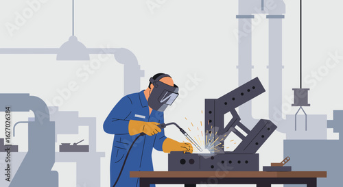 Male welder in industrial workshop performing metal welding with sparks flying. Vector illustration