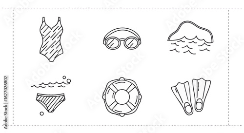 A collection of hand-drawn style icons representing swimming and beach activities, including a swimsuit, goggles, island, bikini bottom, life preserver, and flippers.