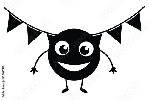 Smiling cartoon character stands beneath a string of triangle flag banners