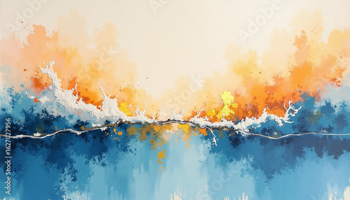 Dynamic Abstract Painting Inspired by Ocean Waves and Sunset with Golden Highlights, Textured