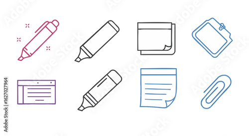 Essential Office Supplies Colorful Highlighter Pens, Sticky Notes, and Paper Clips